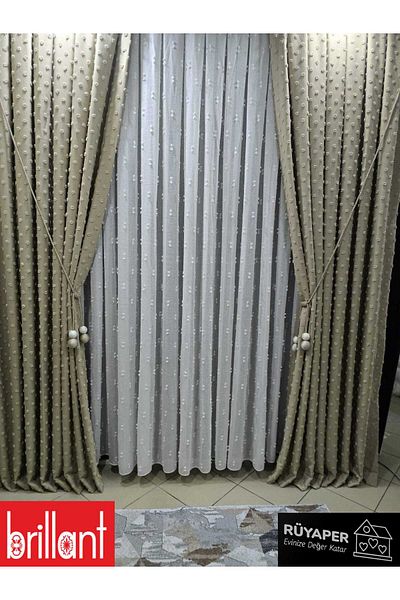 Brillant Rüyaper New Season Mink Color Linen Background Curtain with Dots and Beards