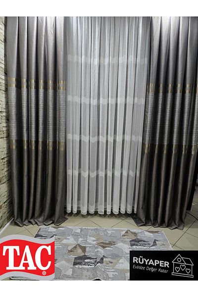 Taç Rüyaper Trend Product Lower and Upper Mink Middle Belly Gray Gold Bordered Background Curtain