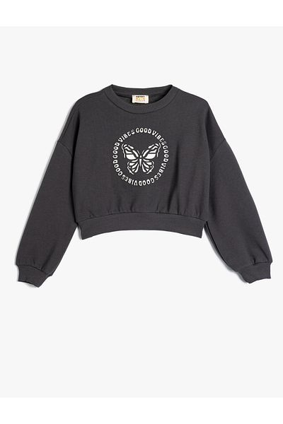 Koton Cotton Oversize Sweatshirt - Butterfly Printed, Long Sleeve, Crew Neck
