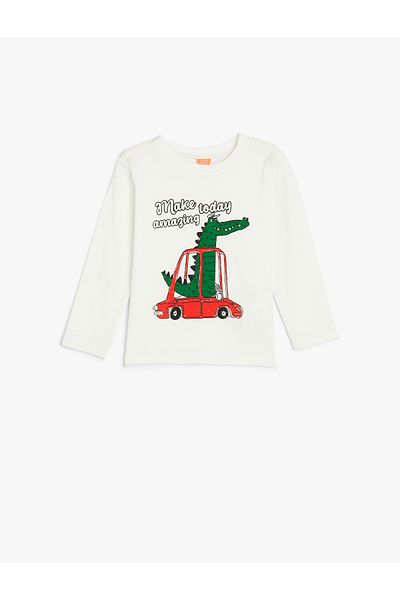 Koton Cotton Long Sleeve Dinosaur T-Shirt - Crew Neck