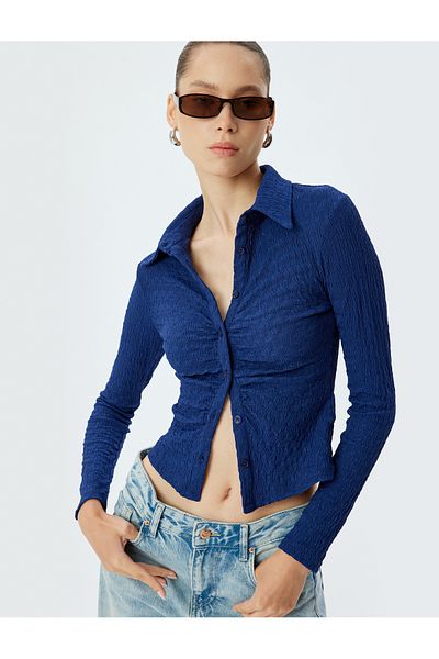 Koton Textured Slim Fit Long Sleeve T-Shirt - Shirt Collar and Button Detail