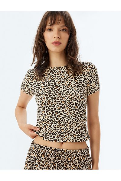 Koton Κοντό μανίκι Leopard Crop Sleepwear Top - Crew Neck