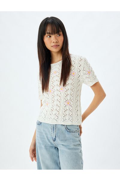 Koton Openwork Knitwear Sweater - Short Sleeve, Crew Neck, Floral Embroidered