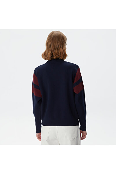 Lacoste Kadın Relaxed Fit Bisiklet Yaka Renk Bloklu Lacivert Kazak