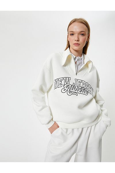 Koton College Pattern Sweatshirt - Half Zip, Embroidered Ribbed Relax Fit