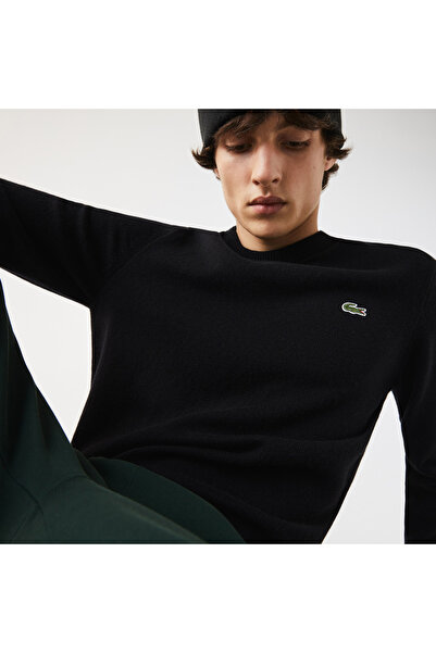 Lacoste Erkek Regular Fit Uzun Kollu Bisiklet Yaka Desenli Siyah Triko