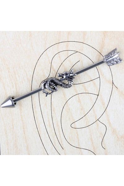 AGB Dragon Figured "Industrial" Bridge Piercing with Crane Arrow Detail (100% Surgical Steel)