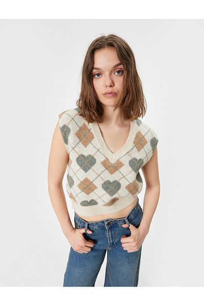 Koton V-Neck Jacquard Knitwear Sweater - Sleeveless