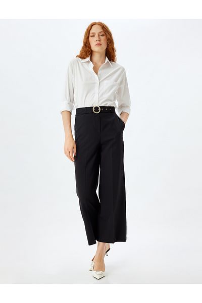 Koton High Waist Short Wide Leg Pearl Belt Detailed Trousers