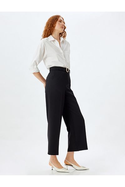 Koton High Waist Short Wide Leg Pearl Belt Detailed Trousers