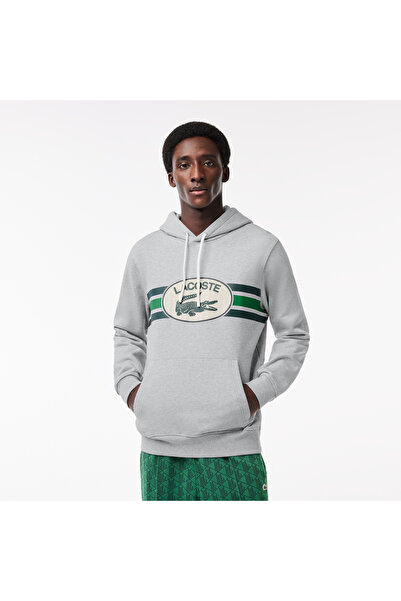Lacoste Erkek Classic Fit Kapüşonlu Baskılı Gri Sweatshirt