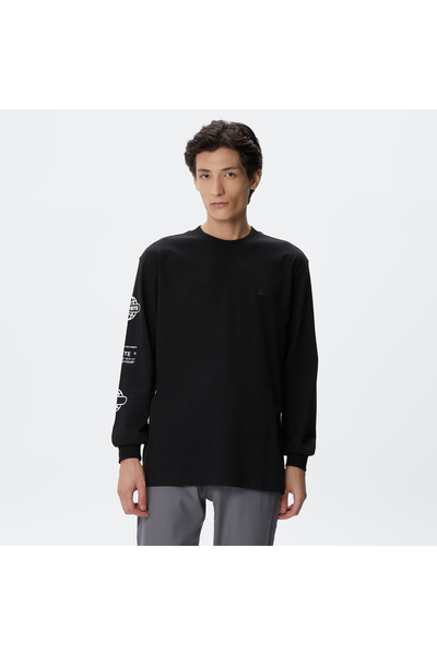 Lacoste Erkek Relaxed Fit Uzun Kollu Bisiklet Yaka Baskılı Siyah T-Shirt