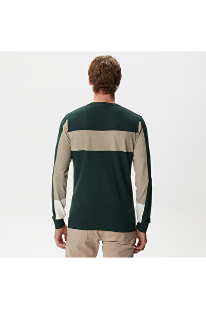 Lacoste Erkek Regular Fit Uzun Kollu Bisiklet Yaka Renk Bloklu Haki Triko