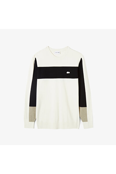 Lacoste Ανδρικό πλεκτό εκρού με μακρύ μανίκι και λαιμόκοψη με χρωματική συνδυαστική εφαρμογή