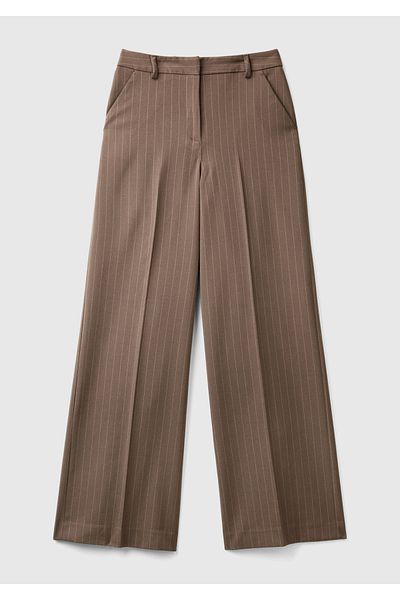 United Colors of Benetton Women's Tan Viscose Mixed Thin Striped Wide Leg Trousers with Front Pockets
