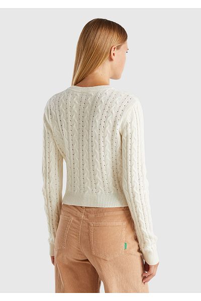 United Colors of Benetton Pulover de damă, crem, amestecat de lână, tricot cu motiv, cu gâtul rotund