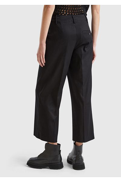 United Colors of Benetton Women's Black Cotton Blended Buttoned Back Pocket Wide Leg Trousers