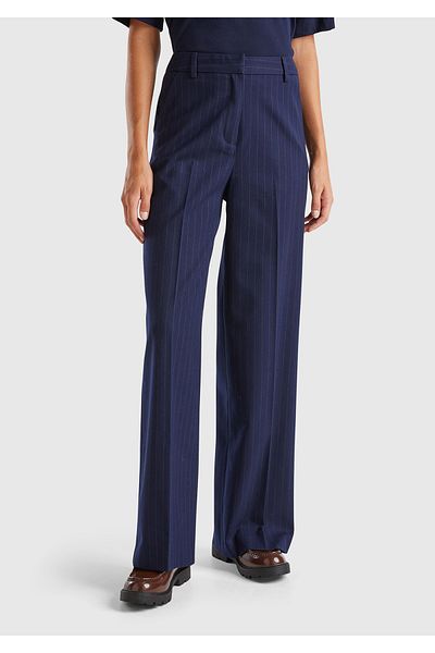 United Colors of Benetton Women's Navy Blue Viscose Mixed Thin Striped Wide Leg Trousers with Front Pockets