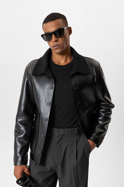 Antioch Faux Leather Men's Coat with Black Lining Detail