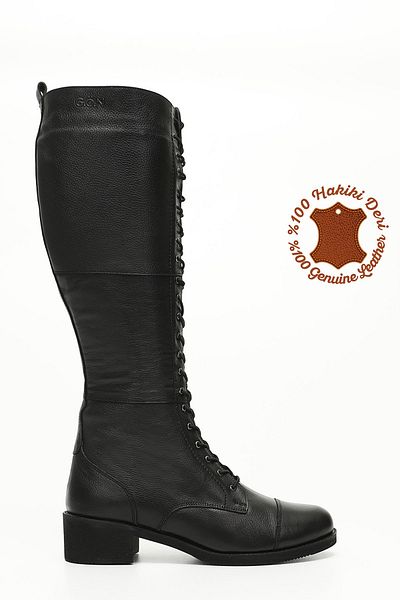GÖNDERİ(R) Black Float Genuine Leather Round Toe Rubber Sole Heeled Lace Up Women's Daily Boots 46577