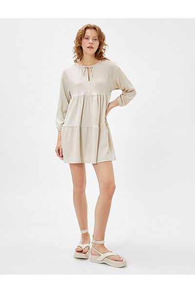 Koton Long Sleeve Dress Mini Flounce Window Tie Detailed Textured