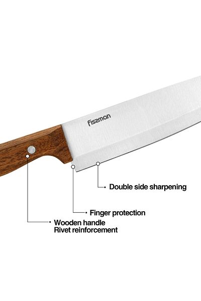 Fissman 3-Piece BBQ Set Grill Tool, Acacia Cutting Board | 8'' Chef Knife | Carving Meat Fork