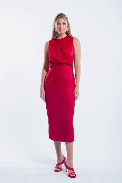 Lafaba Red Satin Midi Dress - Crew Neck