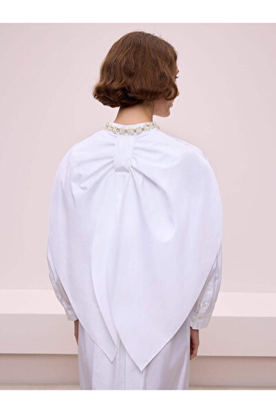 BAQA Yakası Taş Detaylı Beyaz Elbise