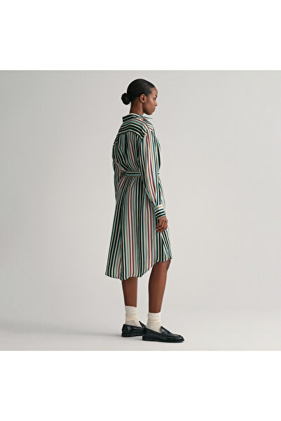Gant Kadın Yeşil Regular Fit Klasik Yaka Çizgili Elbise