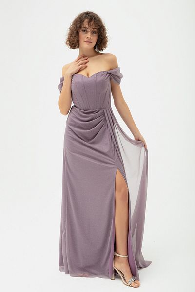 Lafaba Damen-Abendkleid mit lavendelfarbenem Bügelkorsett und detailliertem, silbrigem, langem Abendkleid