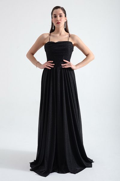 Lafaba Women's Black Underwire Corseted Glitter Long Evening Dress