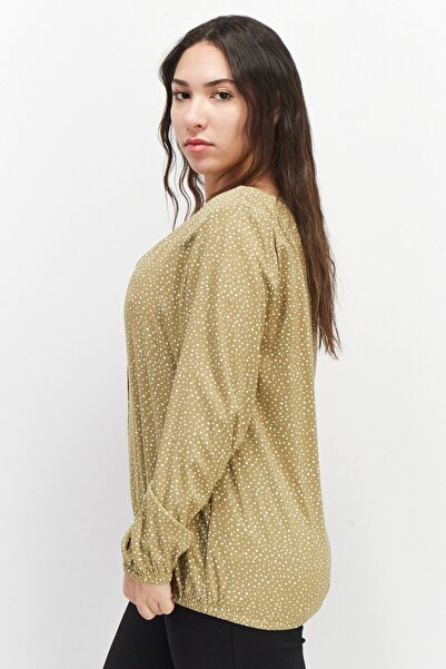 Esprit Women  V-Neck Long Sleeves Pola Dots Blouse, Khaki/White