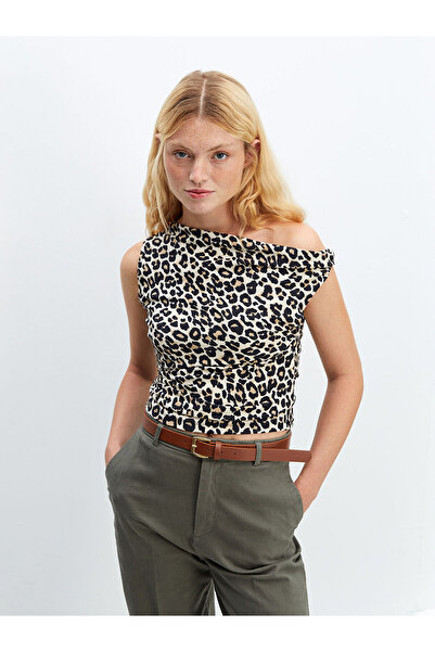 LC Waikiki Bluză pentru femei imprimeu leopard cu decolteu drapat ecru
