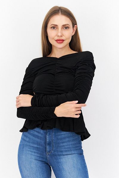 NA-KD Women V Neck Ruched Cutoff Back Long Sleeve Top, Black