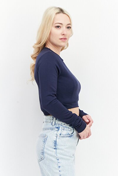 NA-KD Women Round Neck Long Sleeve Plain Crop Top, Navy