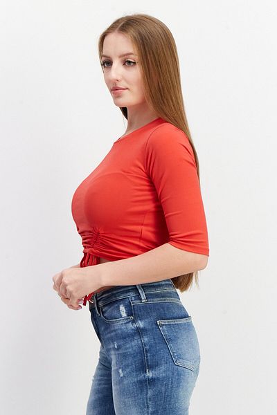 NA-KD Women Crew Neck Elbow Sleeve Plain Top, Red