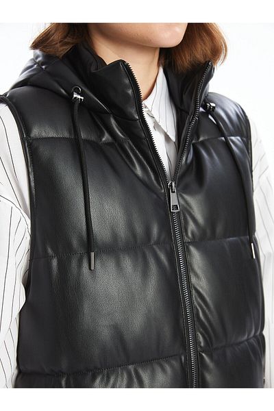 LC Waikiki Lcwk Hooded Solid Leather Look Women's Inflatable Vest