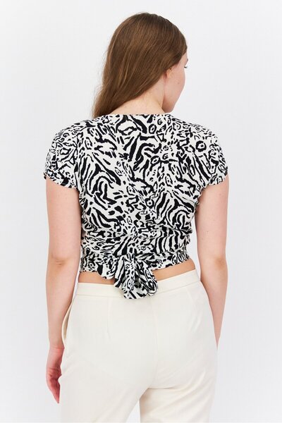 Etam Women Split Neck Cap Sleeve Allover Print Top, Black