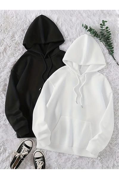 AEMİ Hanorac supradimensionat cu glugă alb-negru unisex din 2 piese - 3 fire ridicate