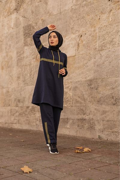 CNG MODA Navy Blue Women's Tracksuit Set - Hooded and Glitter Stripe