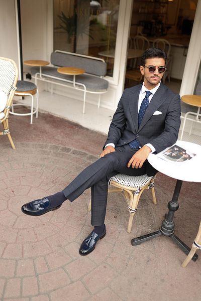 AEK FIORE Men's Navy Blue Plaid Suit