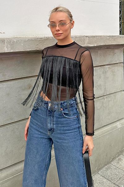 Swist Black Fringed Transparent Women's Tulle Crop Blouse