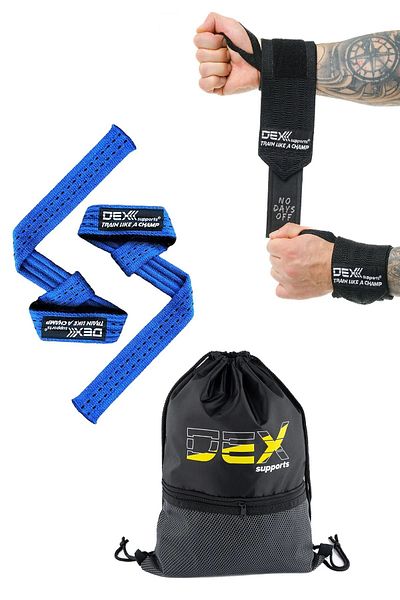 Dex Supports سوار رياضي - مجموعة من 3 قطع من Wrist Wraps Legend + Lifting Straps Pro Blue + Sackpack