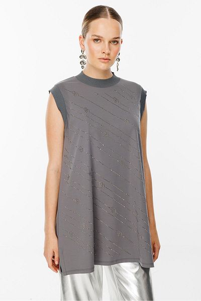 Ghisa Gray Sleeveless Stone Detailed Tunic