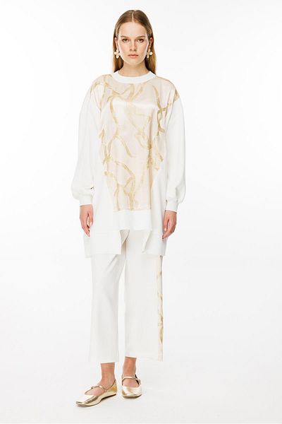 Ghisa Ecru Tunic and Trousers Set - Rib Detailed