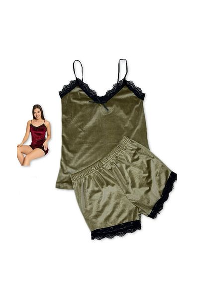 TURKUAZ KIDS 2 Pcs Tank Top Shorts Velor Lacy Fancy Women Nightwear Set