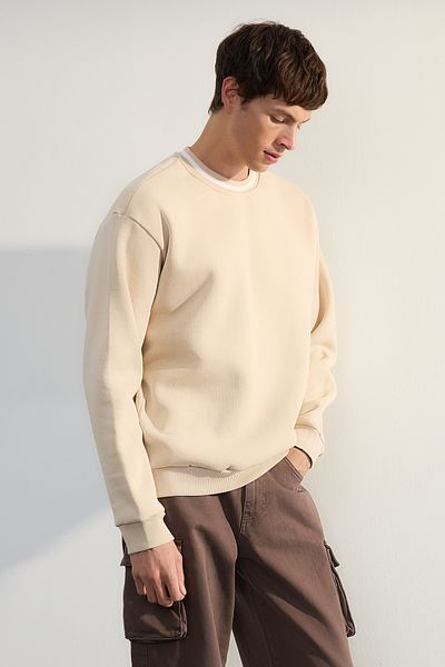 Trendyol Collection Béžový prémiový oversize límec – pletená fleecová mikina s páskem Tmnaw25Sw00093