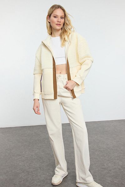 Trendyol Collection Ecru Color Blocked - Woven Garnished Wide Fit Sweatshirt Twoaw25Sw00106