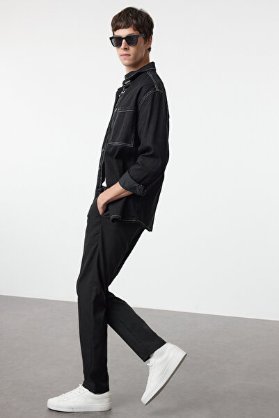 Trendyol Collection Černé kalhoty Slim Fit tkané z elastické látky se zavazováním v pase Tmnaw25Pl00029