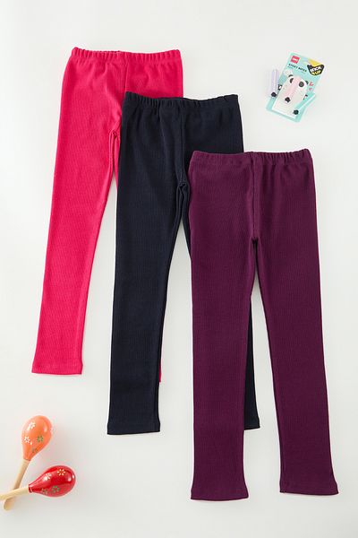 TRENDYOLKIDS Marineblau-Fuchsia-Lila Basic-Strick-Leggings für Mädchen, 3er-Set – TKDAW25TA00002
